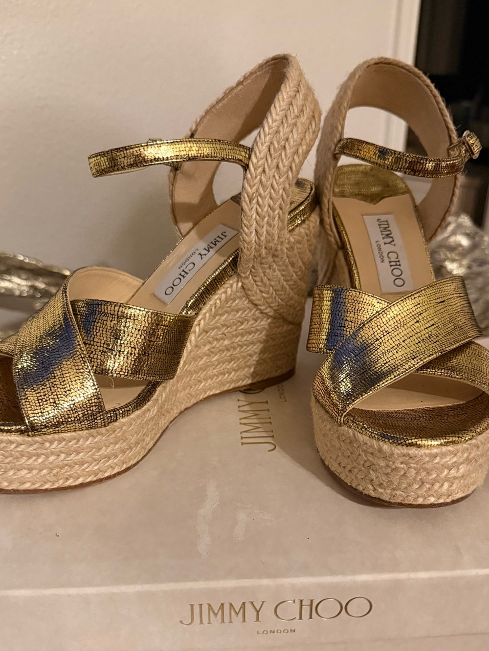 Jimmy Choo Gold Metallic Lizard Espadrille Wedges. Sz 6